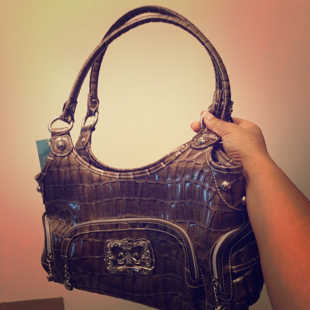 Kathy Van Zeeland taupe patent leather purse, NWT